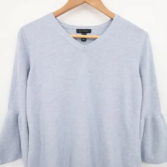 H by Halston Sweater Top Blue V Neck Bell Sleeve 3/4 Sleeve Blouse Casual Size M - Picture 2 of 11